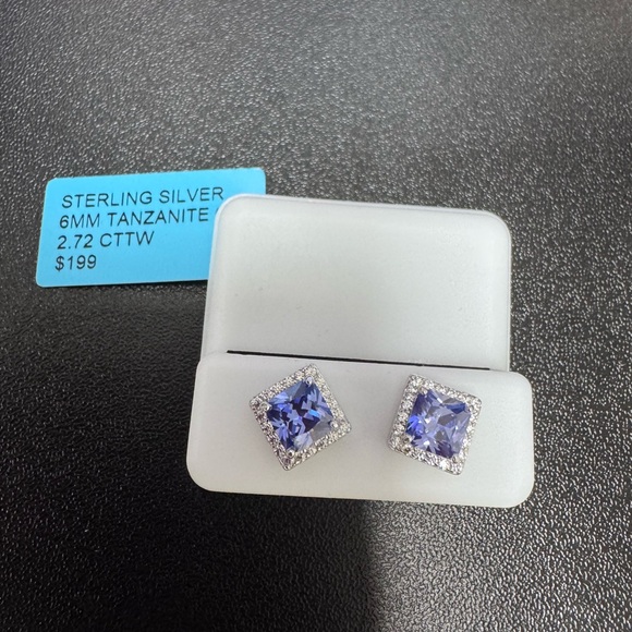 Jewelry - Sterling Silver Tanzanite Halo Stud Earrings - Violet Blue